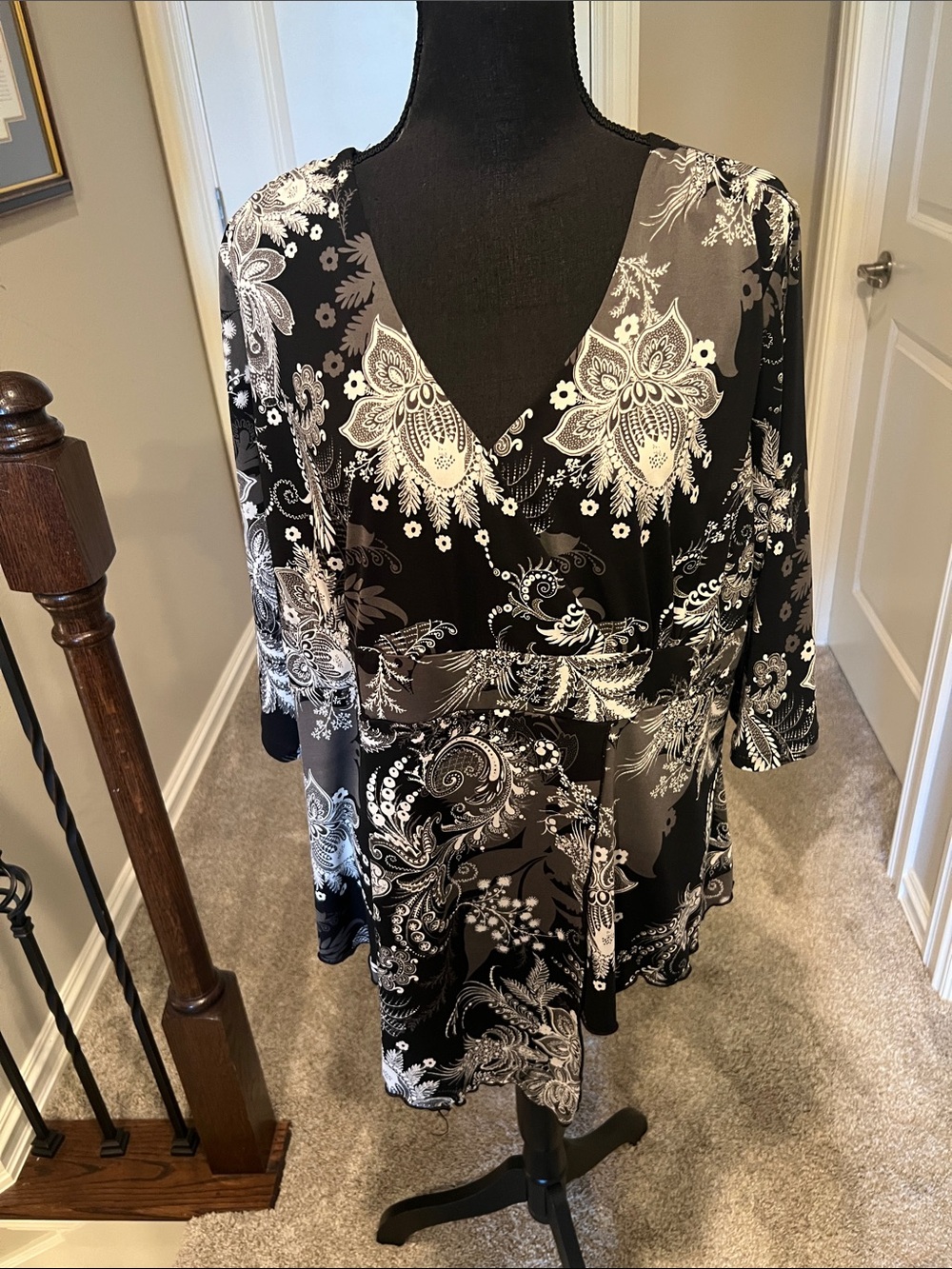 Black & White Floral Wrap-Style Tunic Top